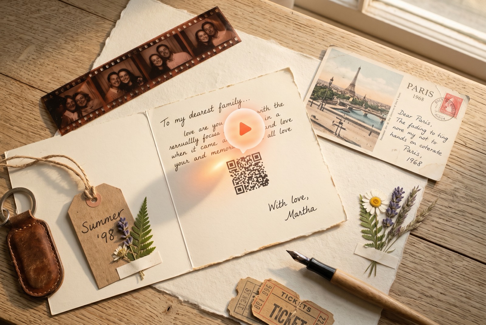 A handwritten greeting card with a glowing play button over a QR code, a film strip of family photos and a vintage postcard